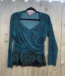Bandolino Shirt Womens Large Blue Brown Fairy Light Grunge  Mesh Long Sleeve‎