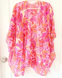 Vibrant Pink and Orange Floral Kimono Bathing Suit Coverup