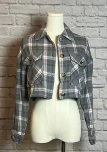 Timing Cropped Plaid Button-Up Jacket Gray Blue Check Size Small