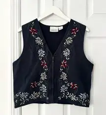 For Her Van Heusen Navy Blue Floral Embroidered Zip Cotton Cottage Vest Medium