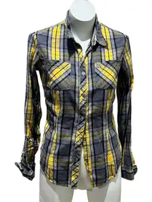 Obey Women's Yellow Plaid Button-Up Shirt Size M Long Sleeve Casual