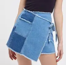 BDG Asymmetrical Denim Patchwork Frayed Wrap Mini Skirt Tie Y2K