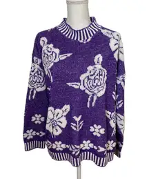 Vintage 80s Glamour-Knit Floral Sweater Metallic Purple White Mockneck Size M/L