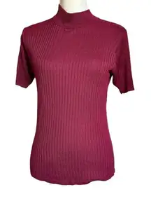 Vintage Distinctive Women's Deep Red Silk Mock Neck Short Sleeve Blouse Size M