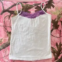 coquette white cami with purple lace bow trim