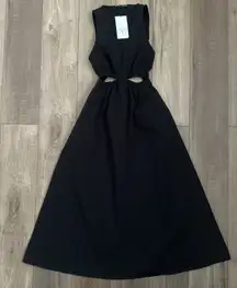 black vneck gabardine cut out midi dress