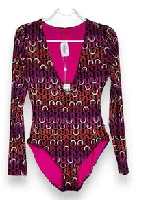 Trina Turk Size M Black Pink Echo Paddle Suit Long Sleeve Deep V Neck New $182