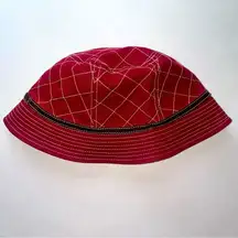 J Crew Red Canvas Bucket Hat Cotton Windowpane Stitch Brown Trim