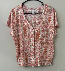 Rachel Zoe Linen Floral Print Pink Orange White Button-Up Shirt Sz M