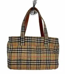 Burberry Wool Vintage Nova Check Signature Plaid Tote Shoulder Bag Purse Tan