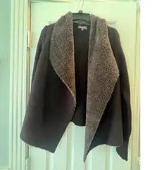 Neiman Marcus Open Front Knit Cardigan Sweater Women M Faux Fur Hobbit Neutral