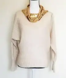 Vintage Sequins Cowl Neck Sweater Cream and Gold Medium