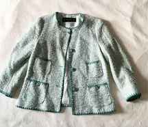 ZARA Cropped Sleeve Tweed pocket Jacket teal turquoise blue coco style M bust38
