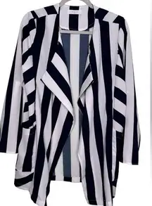 Elodie Navy Stripe Trendy Open Front Blazer Jacket Long Sleeve Size Medium