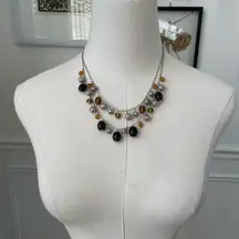 Double Strand Silver Tone Necklace Brown Amber Filagree