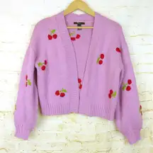 Forever 21 Cardigan Women M Pink Knit Cherry Embroidery Crop Kawaii Cottagecore