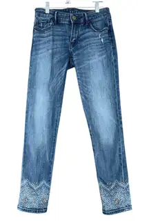 White House Black Market Skinny Crop Jeans Blue Embellished Distressed Size 00