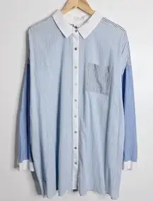 J. Jill Button Down Shirt Patchwork Long Sleeves Blue White‎ Size 12 Tall