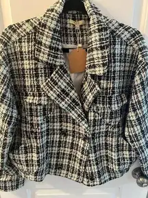 Kori black and white plaid with green and gold threads. New with tags. Size L.