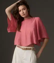 Anthropologie Sheer Swing Top Pink Boxy Cut Short Sleeve Salmon High Neck Womens