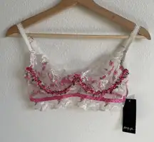 White Pink Floral Embroidered Rose Appliqué Trim Underwire Mesh Bra