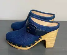 Veronica Beard Dacey Denim Buckle Studded Clogs Size 7