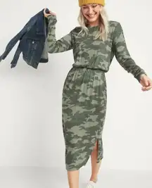 Old Navy Women's Camo Waist Defined Long Sleeve Midi Dress Size XL Side Slit