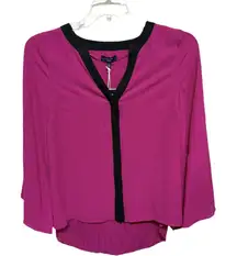 Kaari Blue Fuchsia Pink Black Pleared Back Blouse Long Sleeve Size Small NWT