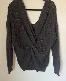 Jun & Ivy Sweater Womens Size Large Twist Back Open Knit Grey Speckled Pullover