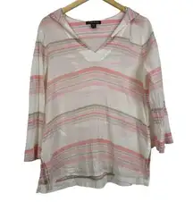 Tommy Bahama Porta Stripe Tunic Top Size M White Pink Gauze Gauzy Hooded Beach