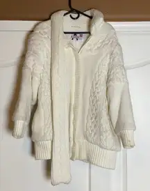 VINTAGE THICK CREAM KNIT ZIP UP JACKET CARDIGAN SCARF OVERSIZED