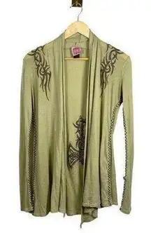 VINTAGE Tail Bait Wool Blend Embroidered Studded Open Cardigan in Tan Size S