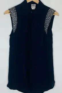 Haute Hippie navy blue silk sleeveless blouse with embellishment at shoulder. S