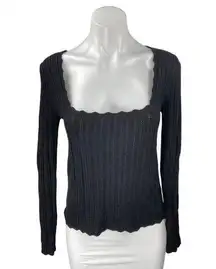 J.Crew Women's Black Rib Knit Scalloped Square Neck Long Sleeve Sweater Top XS