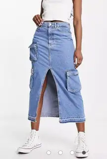 Bershka  split front denim high waist midi cargo skirt size 4