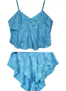 Victoria's Secret Vtg 90s Blue Satin Camisole & Ruffle Shorts Pajama Set Size S