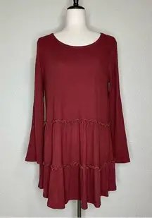 Pink Lily  Burgundy Waffle Knit Tiered Ruffle Skirt Long Sleeves Dress