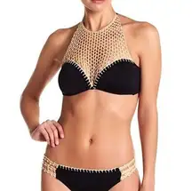 The Bikini Lab Women's Halter Crochet High Neck Black Bikini Swim Top Size S