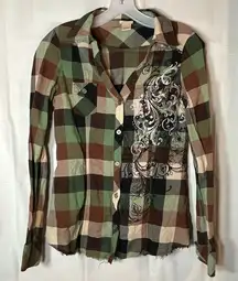 Daytrip Patchwork Plaid Button Down‎ Top Womens Size Small Biker Grunge Studded