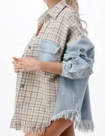 Womens Multimedia Denim Tweed Fringed Jacket sz sm