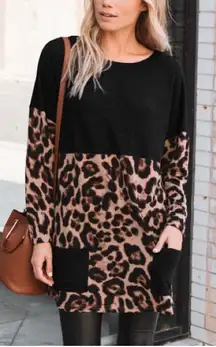 New Amaryllis Brown ColorBlock Leopard Tunic w/ Patch‎ Pockets Size Medium