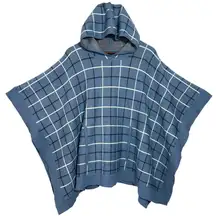 TAHARI Poncho One Size Blue Plaid Windowpane Cape Jacket Hoodie Sweater Cozy‎