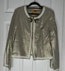 TORY BURCH NWT Gold Basketweave Paley Jacket Size 8 Linen Blend Hook Closure
