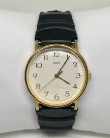 Vintage timex gold tone watch quartz analog 32mm black plastic band running