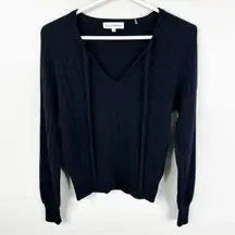 White + Warren Cashmere Sweater Womens Medium Black Ribbed Knit V-Neck Pullover