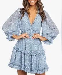 Spring Summer Deep V Neck Long Sleeve Ruffle Layer A-Line Swing Mini Dress