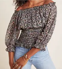 Anthropologie Lucia Off‎ the Shoulder Black Pink Floral Puff Sleeve Blouse Small