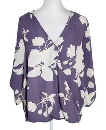 West Kei Purple Floral Blouse with Wrap Look and Roll-Tab Sleeves Size Small