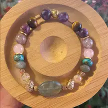 Handmade Fluorite + Rose Quartz + Amethyst Bracelet with Gold Accents