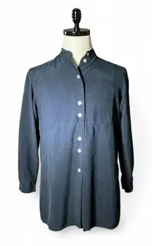 Ann Taylor Silk Mandarin Collar Button Up Shirt Navy Blue Size Medium